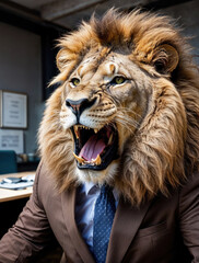 Concept Photo - a Lion in a business suit, Business illustration, King of the jungle, lion dressed in a business suit like a boss, Roaring - Ultra HD image