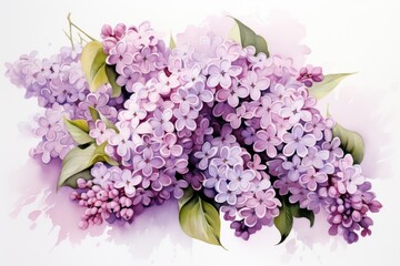 Watercolor Lilac Flowers. Illustration of lilac blossoms with green leaves. Isolated on a white background. Ideal for greeting cards, invitations, wall art, spring-themed design, print materials