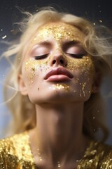 Portrait of a woman,a blonde woman wearing gold glitter like blush with the eyes closed and glitter falling on your face, Generated AI
