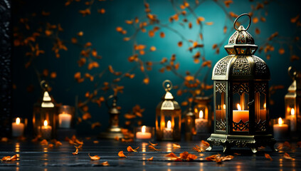 Photo ramadan lights with a blue background - obrazy, fototapety, plakaty