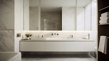Fototapeta na wymiar Contemporary bathroom with Carrara marble walls, a frameless mirror, and minimalist fixtures, creating a sleek and timeless atmosphere.