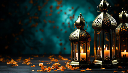 Photo arabic lantern with burning candle and bokeh lights in background ramadan - obrazy, fototapety, plakaty