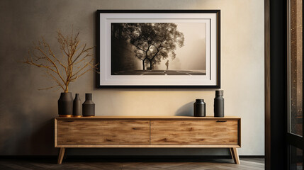 Inviting and detailed HD photograph showcasing a frame mockup within an interior, highlighting its aesthetic appeal and potential for creating customizable displays.