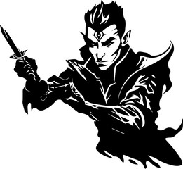 Black and White Design of an Elf - Defending - Fantasy RPG Clipart Graphic