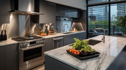 Picture-perfect aesthetics define this luxury apartment kitchen, featuring stainless steel appliances that shine in the light of impeccable design.