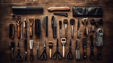 Professional hairdresser tools arranged on a wooden background with meticulous precision, showcasing scissors, combs, and brushes, offering a stylish workspace.