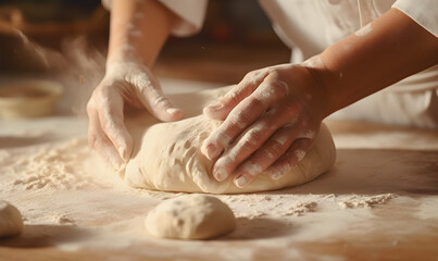 Fototapeta premium A close-up shot of a baker's hands kneading dough, master baker in action