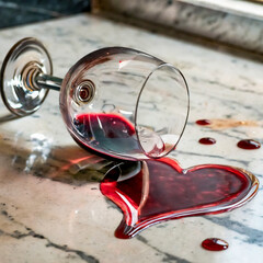 Czerwone wino wypływające z przewróconego kieliszka tworzące kałużę w kształcie serca. Motyw miłości, walentynek - obrazy, fototapety, plakaty