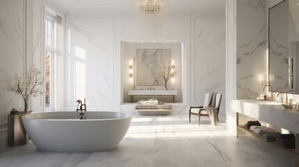 Fototapeta na wymiar Timeless white marble bathroom featuring a freestanding tub, large mirrors, and soft, diffused lighting for an ethereal ambiance.