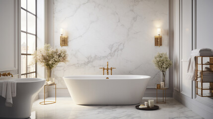 Timelessly chic bathroom featuring honed marble walls, a freestanding tub, and brass fixtures, exuding a sense of understated luxury.