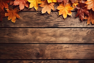 Obraz premium Autumn canvas, Yellow maple leaves on a wooden background, offering text and design space. A warm and versatile concept capturing the essence of fall in stock photos.