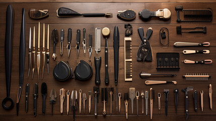 Various hairdresser tools elegantly displayed on a wooden surface, including scissors, hair clips, and styling brushes, creating a visually appealing and organized setting. - Powered by Adobe