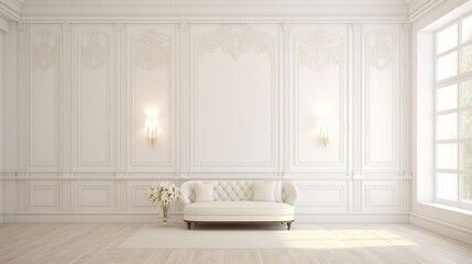 Fototapeta na wymiar Well-lit room with a pristine white classic wall, creating a bright and airy atmosphere that enhances the overall aesthetic.