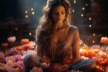A beautiful young woman in joga possition , generative ai