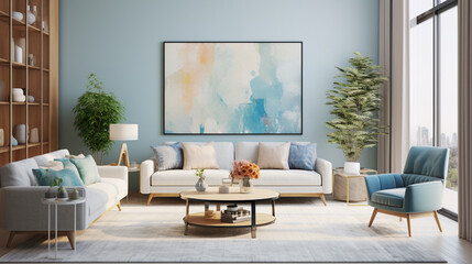 Aesthetic living room interior with a focus on design harmony, including contemporary furniture, decorative elements, and a soothing color scheme, creating an inviting atmosphere.