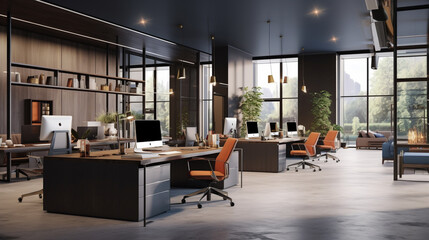 Aesthetic modern office space with a sleek and cohesive design, featuring contemporary workstations, elegant lighting, and a harmonious color scheme for a professional and inviting atmosphere.