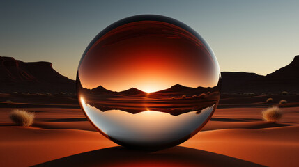 round fish eye lens effect, desert sand dunes reflecting in the metallic ball. Generative AI