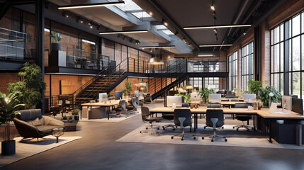 Aesthetic modern office with a blend of industrial and contemporary design, showcasing innovative workstations, sleek lighting, and a spacious layout for optimal productivity. - obrazy, fototapety, plakaty