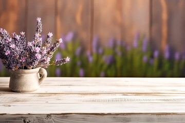 Lavender bliss, Wooden background adorned with lavender flowers, offering ample space for text and design. A tranquil and versatile concept in stock photos. - obrazy, fototapety, plakaty