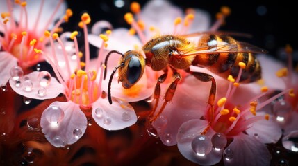  a close up of a bee on a flower with drops of water on it's wings and back end of it's wings, with a black background.