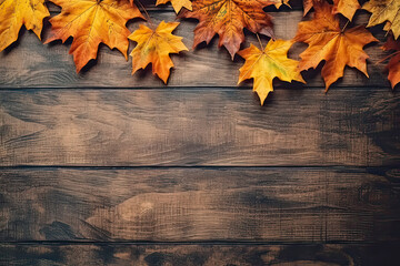 Naklejka na ściany i meble Autumn canvas, Yellow maple leaves on a wooden background, offering text and design space. A warm and versatile concept capturing the essence of fall in stock photos.