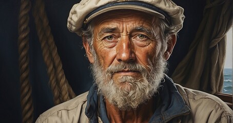 An ultra-realistic portrait of a wise and weathered sailor, capturing every wrinkle, beard strand, and reflection in his eyes- Generative AI - obrazy, fototapety, plakaty