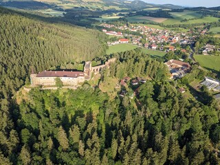 Aerial Panorama of Velhartice Castle in the Bohemian Forest Foothills, Czech Republic