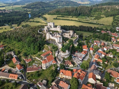 Rabi,Czech republic-July 12 2023:Rabi historical medieval castle,Czech republic,Europe aerial panorama landscape view
