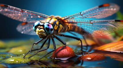  a close up of a dragonfly sitting on a leaf with water droplets on it's wings and a mushroom on the ground next to it's wings.