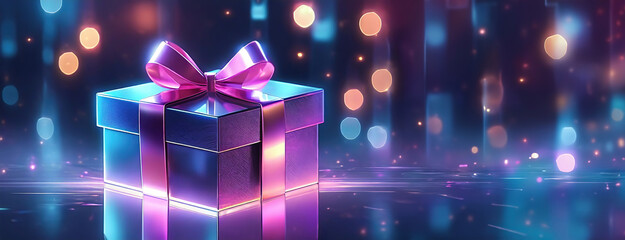 Neon lights enhance the allure of a purple gift with a pink ribbon. A glowing purple box tied with...