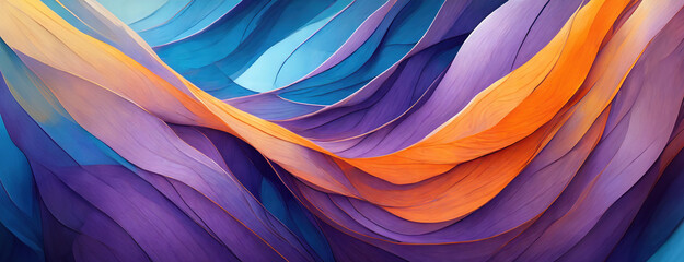 Vibrant waves of violet and blue with a splash of orange flow across the image. The organic lines and curves create a sense of movement and rhythm, resembling a colorful abstract painting