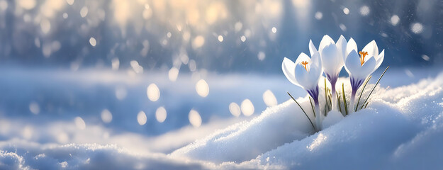 Crocuses bloom through a snowy blanket. The flowers push through snow, hinting at spring's arrival amid a wintery scene - obrazy, fototapety, plakaty