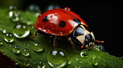  a close up of a ladybug on a leaf with drops of water on it's back and a black back ground behind it and a black background.
