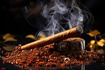 Zelfklevend Fotobehang Dark allure, Smoldering cigar on a mysterious dark background, a captivating and dramatic concept for creating intriguing stock photos © Людмила Мазур