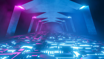 Concrete Structures With Neon Lights In Smoke 3D Illustration - 693215561
