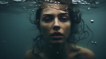 underwater portrait of a woman dark tones