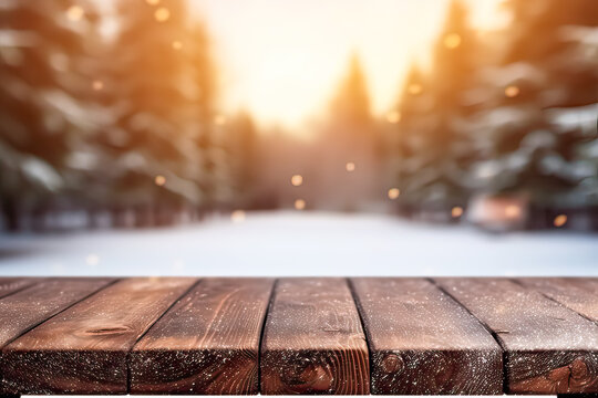 Winter serenity, Wooden table against a snowy landscape, offering text and design space. A tranquil and versatile concept for captivating stock photos.