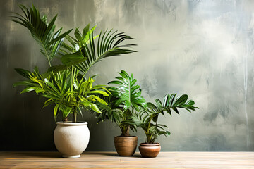 Indoor oasis, Tropical plants in a pot against an apartment wall, a stylish composition with text and design space in this stock photo.