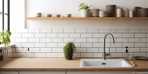 A kitchen with white tiles, a black faucet, and wooden furniture, used for industrial purposes.
