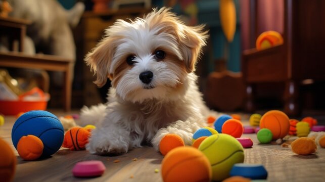 Puppy playing with toy and ball, Generated AI