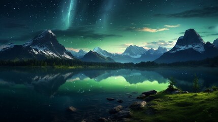 An HD image of a green mountain and its pristine lake, capturing the stunning transition from the vibrant day to the tranquil night, as nature's beauty takes on a different charm