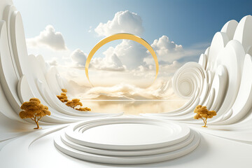 Elevated elegance, 3D illustration of a white podium adorned with three-dimensional figures, a modern and dynamic concept for stock illustrations.