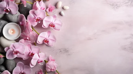 Fototapeten Spa background with orchids and candles on pink background. Top view copy space © Petrova-Apostolova