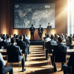 people in a conference room looking at a blurred speaker