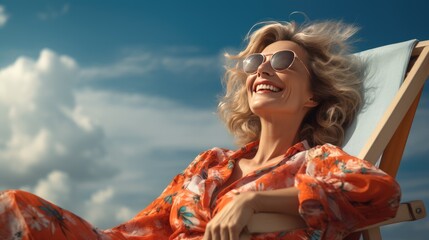 elderly retired happy old woman enjoying sunny day on deckchair with cocktail - Powered by Adobe