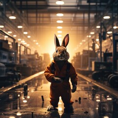 A person in a bunny suit standing in a warehouse. Generative AI.
