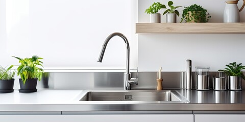 Modern kitchen with stainless steel faucet, island sink, and wall-mounted kitchenware. - obrazy, fototapety, plakaty