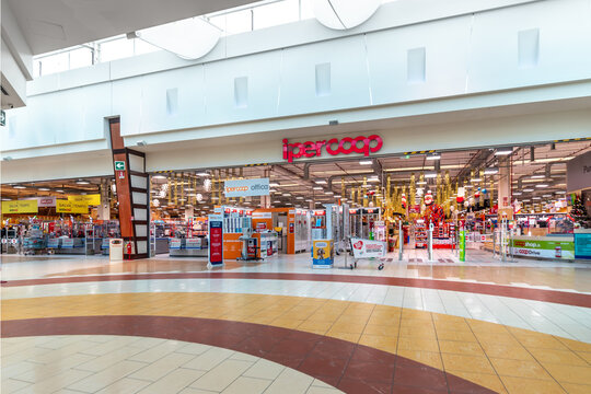 Mondovi, Italy - December 11, 2023: Ipercoop hypermarket entry into Italian shopping center MondovicinoMondovicino