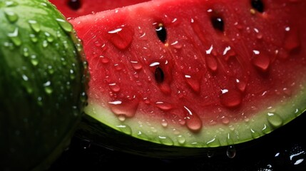  a close up of a slice of watermelon and a slice of watermelon with drops of water on the outside of the slice and on the inside of the watermelon.