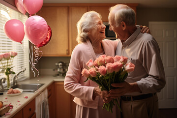 Senior man is giving his wife a bouquet of flowers on Valentine's Day ai generative